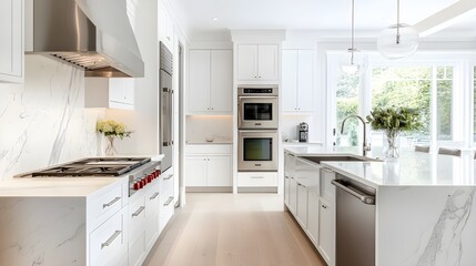 A sleek kitchen featuring white cabinets, marble countertops, and stainless steel appliances.