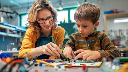 A teacher and a handicapped child working together on a science project, using accessible lab equipment and adaptive tools. The classroom is organized and inclusive, with a focus on hands-on