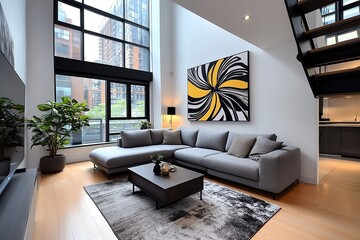 Real estate agent showing a modern loft, sleek and spacious in the heart of the city, offering urban luxury and style