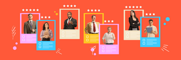 Contemporary art collage. Vibrant layout featuring professionals, illustrating importance of...