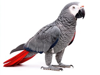 Naklejka premium Grey parrot standing proudly showing red tail feathers