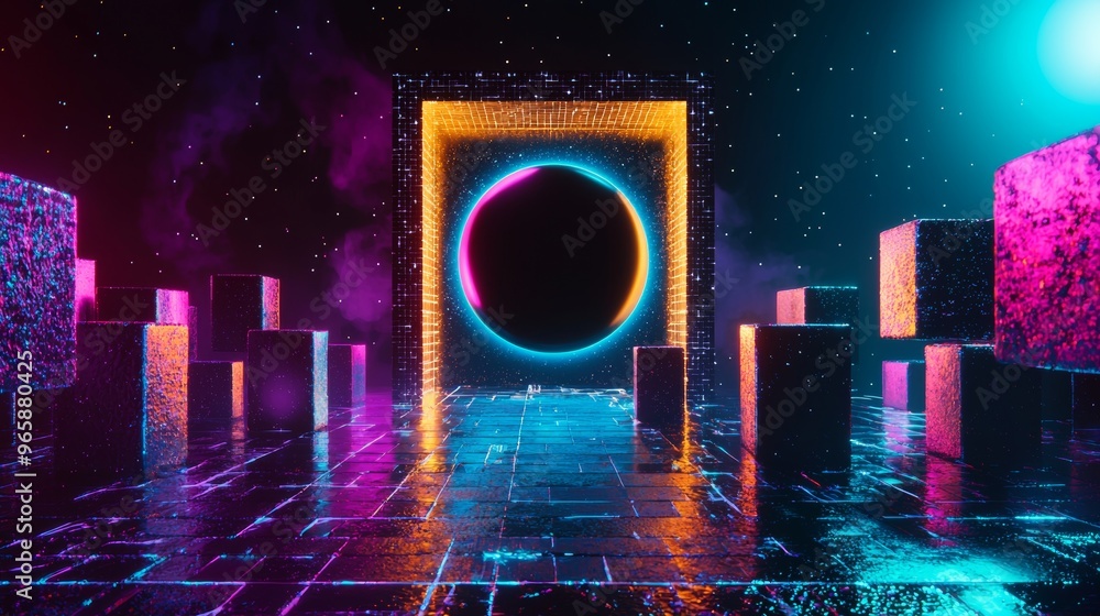 Poster abstract neon background with glowing rectangular portal in virtual reality road between block walls