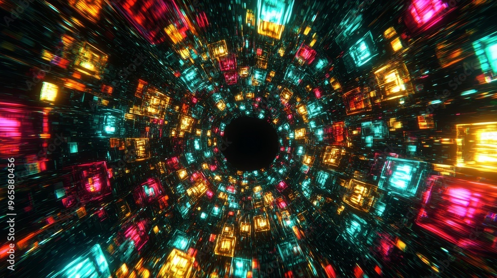 Aufkleber night sky with 3d abstract neon background and glowing rectangular portal in cyber space