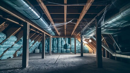 A dark and eerie attic with blue insulation and silver pipes, perfect for a horror or mystery themed project. 

