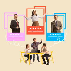 Contemporary art collage. Professionals appear within colorful frames, showcasing potential...