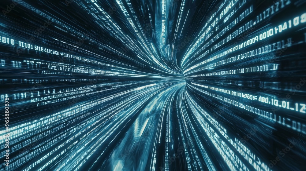 Poster an image of digital cyberspace with particles and a concept of digital data networks.
