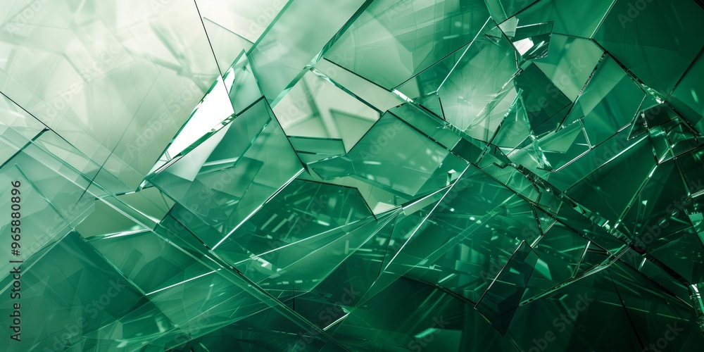 Sticker Abstract background with broken glass and geometric shapes, green color, smooth texture, minimalist design.