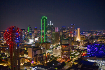 Aerial View of the Dallas, Texas Skyline illuminated at Night