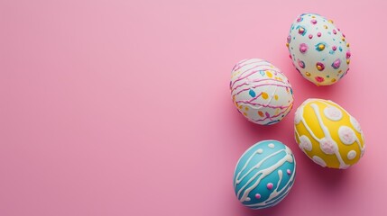 Fototapeta premium Colorful decorated Easter eggs on a pastel pink background create a festive and cheerful atmosphere for spring celebrations