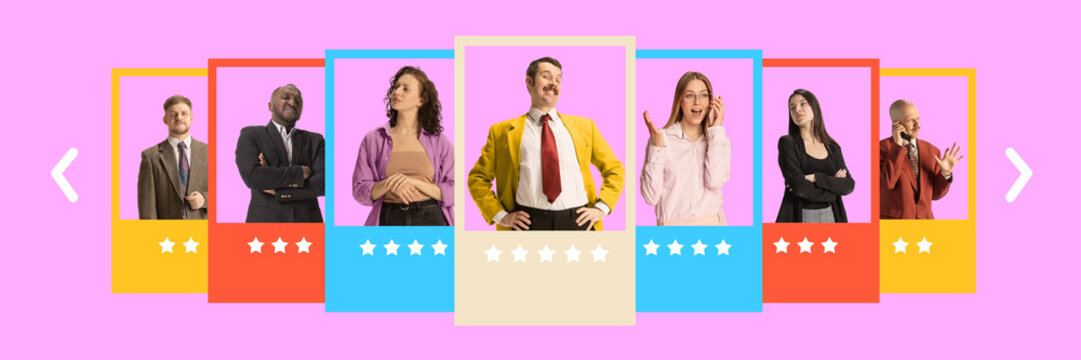 Contemporary art collage. Creative display of candidate profiles highlights importance of diverse skills and qualifications in hiring decisions. Concept of job application process, skills development.