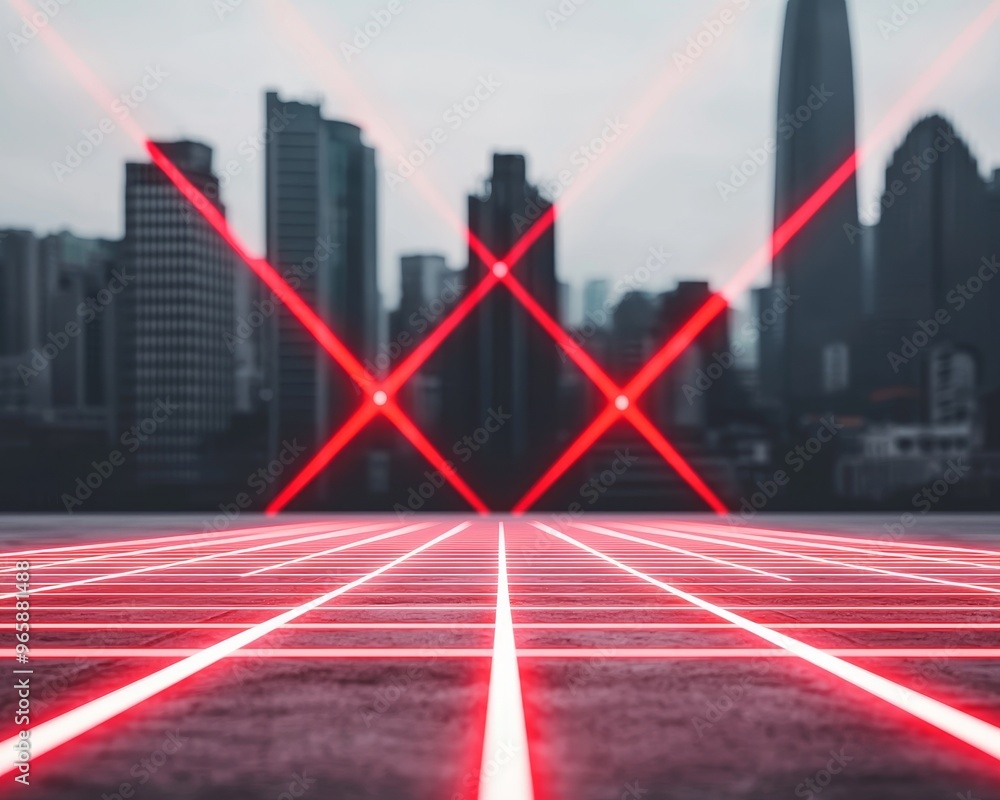 Poster red laser beams intersect in a grid pattern over a city skyline.