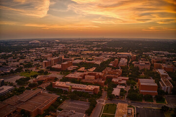 Aerial View of a large Public University in Arlington, Texas at Sunrise