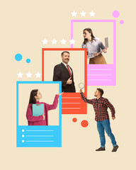 Contemporary art collage. Hiring focus. Candidates from various industries showcased for their potential and contribution to company. Concept of employee engagement, human resources management, .
