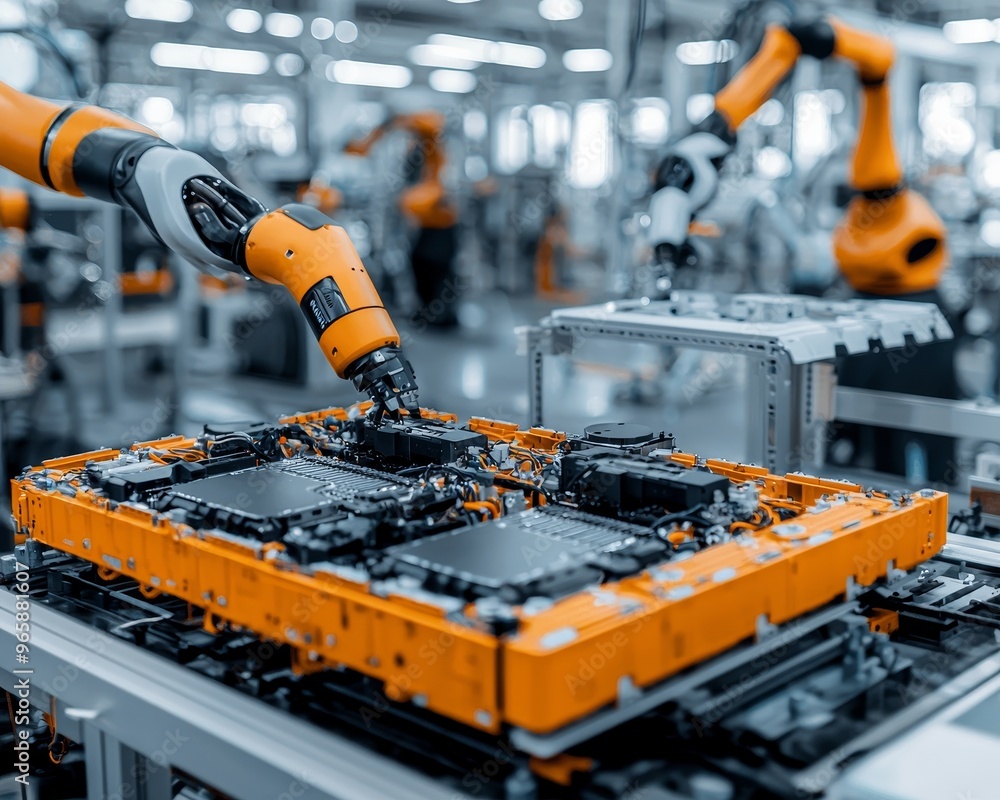 Poster robotic arm assembling electronic components on an assembly line in a factory.