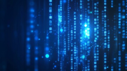 A virtual space with binary code background. Future concept in matrix style. Digital particles and light background.