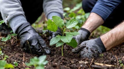 Fototapeta premium A photostock image of forest restoration efforts with volunteers planting trees to combat deforestation, perfect for reforestation campaigns