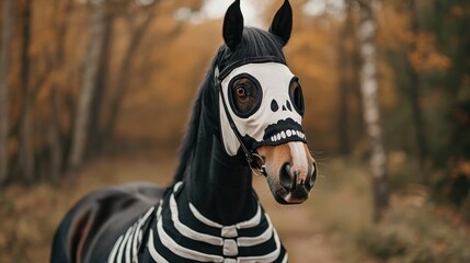 Horse dressed as a skeleton trotting through a spooky forest, Halloween horse, eerie equine costume