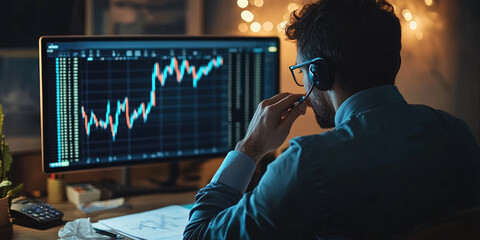Stock market broker is working late, analyzing charts on his computer screen, trying to predict the movements of the market