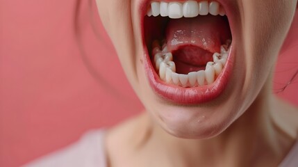 Obraz premium Close up of a Person Grimacing with a Visibly Broken Tooth Capturing Pain and Shock in Their Expression Against a Plain Background