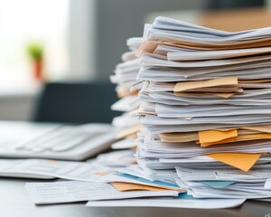 A large stack of paperwork sits on a desk, representing the overwhelming amount of work in an office environment.
