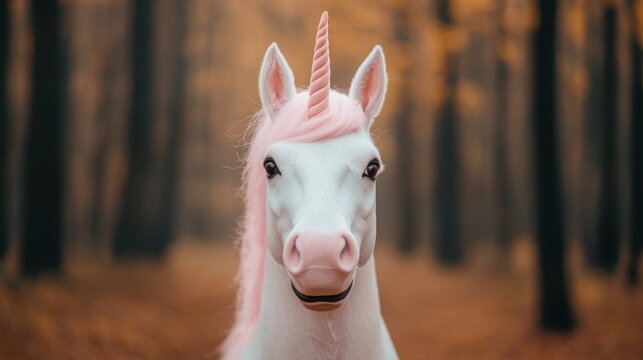Pony dressed as a unicorn in a magical Halloween forest, unicorn pony, mythical Halloween animal