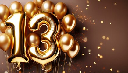 Banner with number 13 golden balloons with copy space