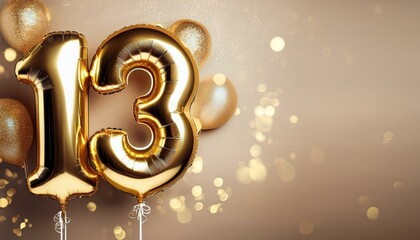 Banner with number 13 golden balloons with copy space