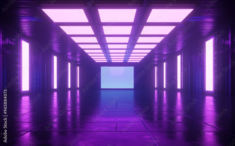Poster a futuristic power generating system with neon light background, glowing panels under ultraviolet li