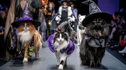 Three cats in Halloween costumes, black and purple, walking on a runway, a whimsical and playful image for Halloween celebrations. 
