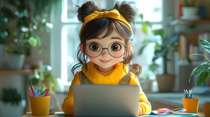 A 3D animated young girl in a cozy room, using a laptop for online learning. The scene shows her engaged in a video call or virtual classroom, with colorful study materials and a clean, organized