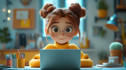 A 3D animated young girl in a cozy room, using a laptop for online learning. The scene shows her engaged in a video call or virtual classroom, with colorful study materials and a clean, organized