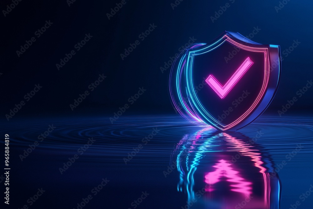 Poster three-dimensional rendering of a holographic computer security icon illuminated with blue and pink n