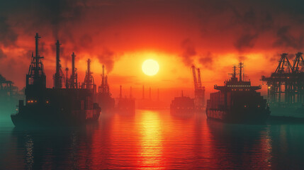 Fototapeta premium A sunset over a body of water with a large ship in the foreground