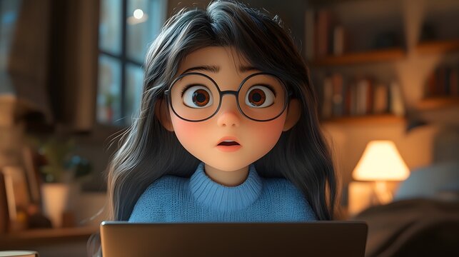 A 3D animated young girl wearing glasses, focused on an online class through her laptop. She sits in a modern study space with bright lighting and neatly arranged educational materials.