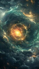 A fiery spiral galaxy swirling with stars, cosmic dust, and radiant energy, depicting the vastness and beauty of space in vivid colors.