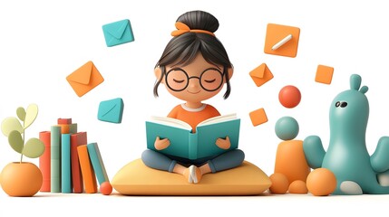 A 3D animated girl seated on a cushion, studying online using her tablet, with minimalistic educational icons floating near her. The transparent background offers flexibility in composition.