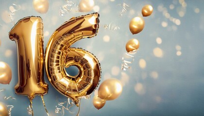 Banner with number 16 golden balloons with copy space