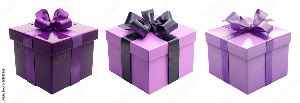 Wall mural three purple gift boxes with ribbons isolated on transparent background