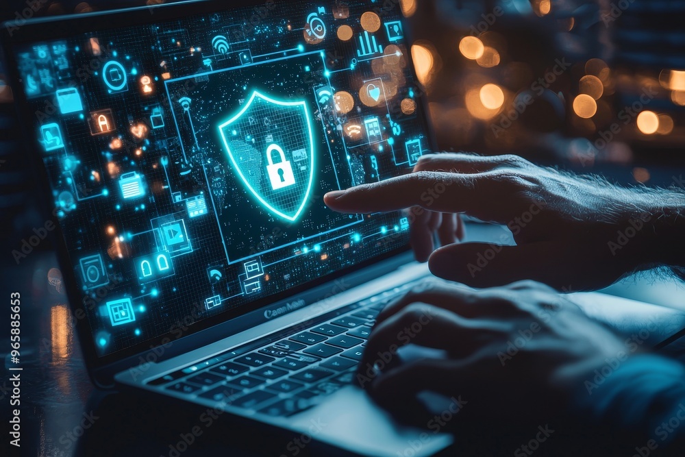 Poster person typing on computer keyboard late at night working on cyber security and network protection to
