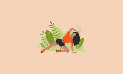 A woman doing yoga or stretching exercises in outdoor nature.