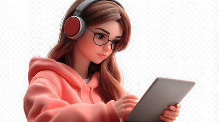 A 3D animated girl with headphones on, using a tablet for an online class, seated in a relaxed pose. The transparent background ensures the focus remains on her study setup.