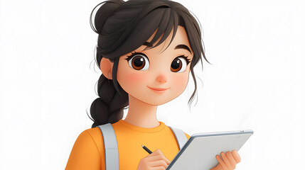 A 3D animated girl holding a tablet in one hand and writing with the other while engaged in an...