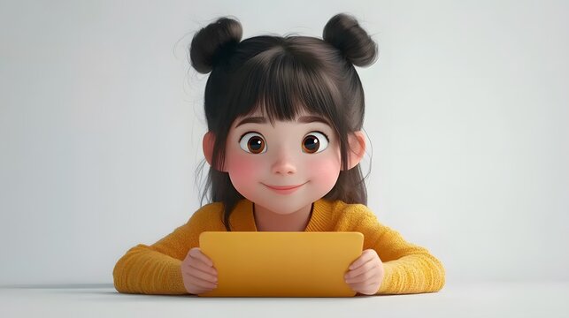 A 3D animation of a young girl lying down, studying on her tablet with a relaxed expression. The transparent background highlights the digital learning experience.