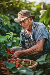 Farmer picking strawberries in a berry patch