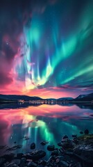 Colorful Aurora Borealis Reflected on Calm Lake