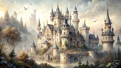 Obraz premium delicate drawn watercolor castle architecture intricate stone carvings ornate details soft gray and cream color palette ethereal misty morning landscape subtle texture playing cards