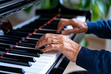 Obraz premium Senior man playing the piano, fingers gracefully gliding across the keys finds joy and fulfillment in the timeless art of music