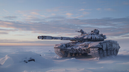 A tank on a winter battlefield stands in the snow during the day.