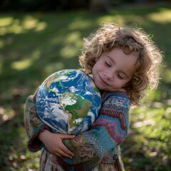 Fototapeta premium Young Girl Holding a Globe, A Symbol of Love, Care, and Responsibility for the Planet Earth.