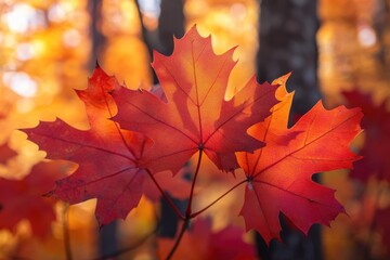 Fototapeta premium Vibrant red and orange autumn maple leaves on a tree branch with dark bark in the forest, Ai Generation
